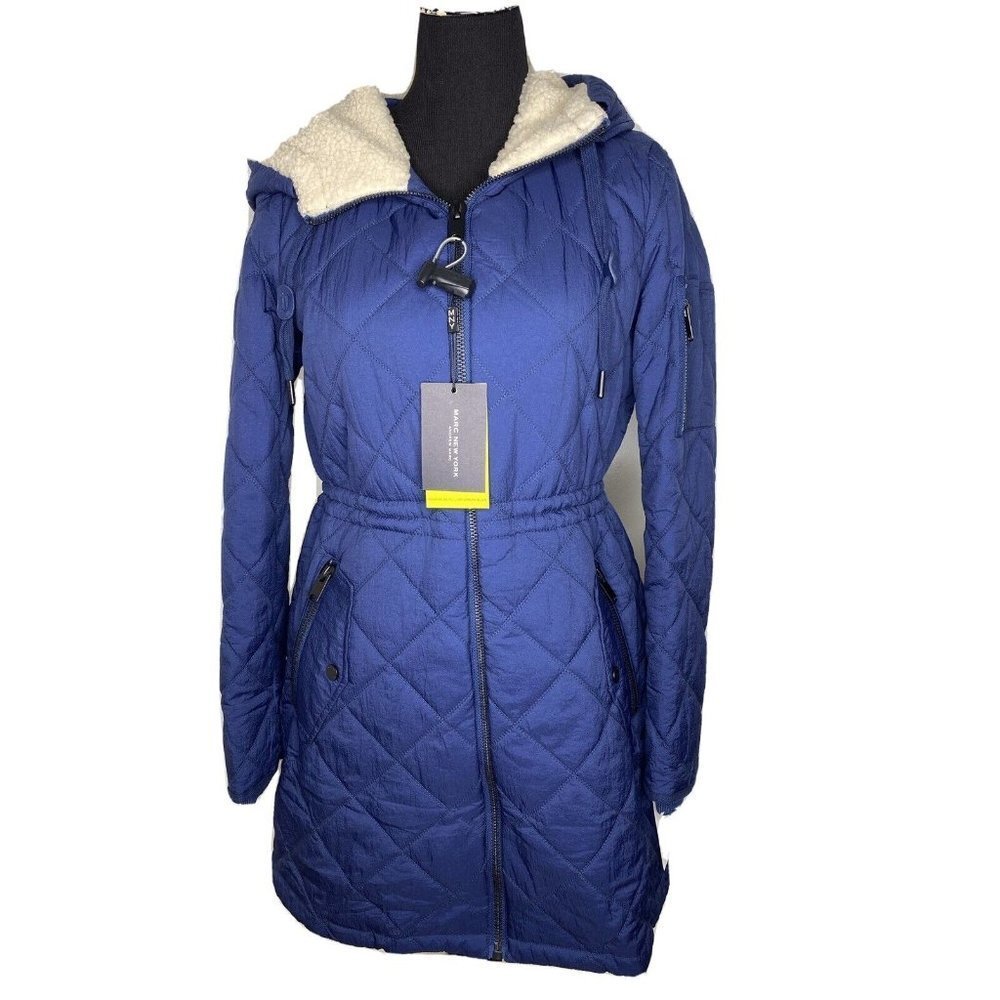 Marc New York Andrew Marc SM Blue‎ Quilted Full Zip Sherpa Hooded Winter Jacket